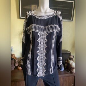 Karen Millen black and Ivory lace trim boat neck contrast long sleeve blouse